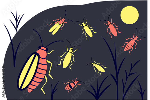 Firefly light show illustration featuring glowing bugs in a dark night scene with a full moon shining bright silhouette