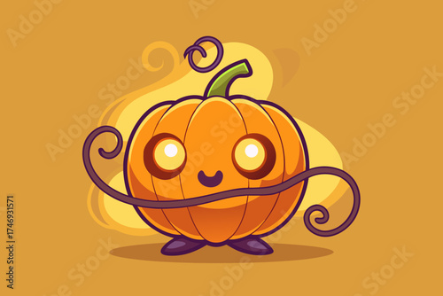 pumpkin with circular surprised eyes glowing bright orange light,
