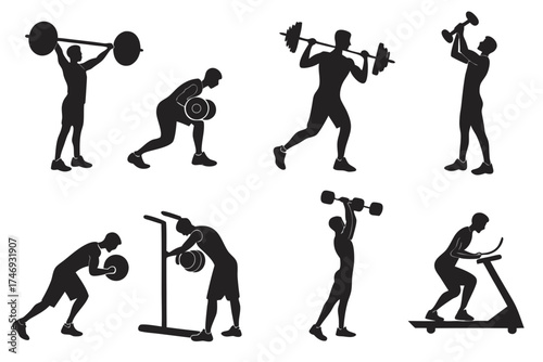 Fitness training silhouette vector art featuring weightlifting bodybuilding and cardio exercises for healthy lifestyle