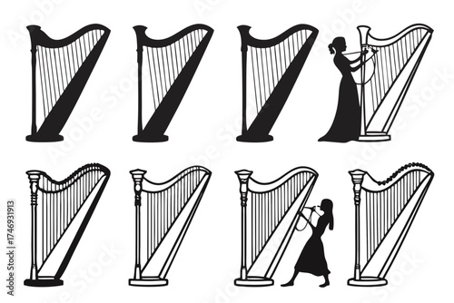 Downloadable harp vector art featuring musical instruments and harpist silhouettes for graphic design projects