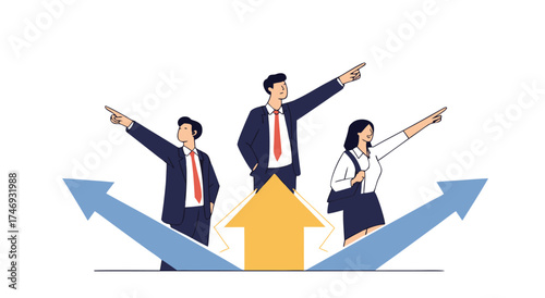 Team members pointing forward indicating future direction and growth.

