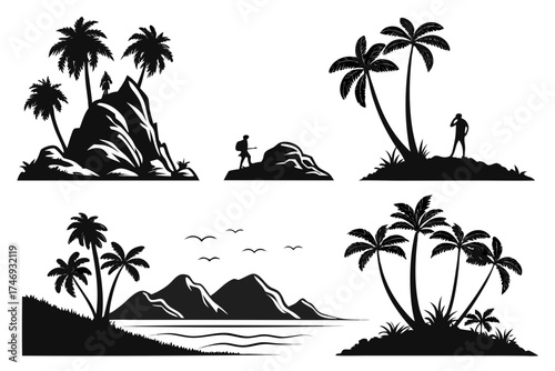 Tropical island vacation vector illustration with palm trees, mountains, and people silhouette design asset