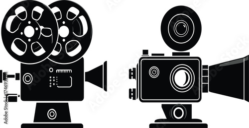 Film camera vector icons set, black silhouette cinema symbols on white background  