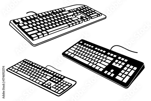 Computer keyboard vector art illustration for typing input device with keys and cable peripheral device silhouette