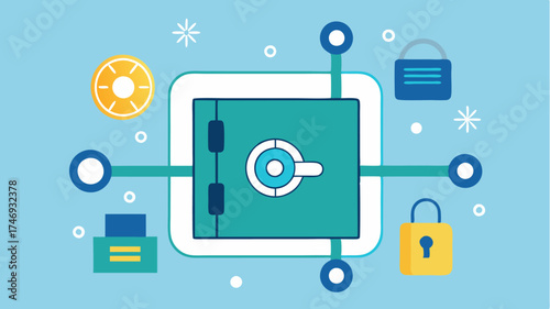 A safe box with digital interfaces and encryption symbols representing secure data storage solutions.
