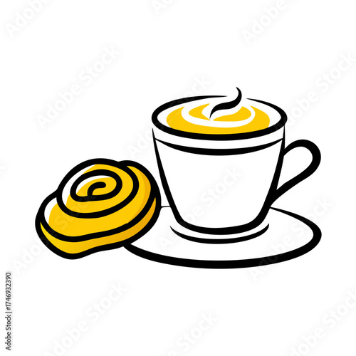 Coffee cup with frothy milk and cinnamon roll on white background  