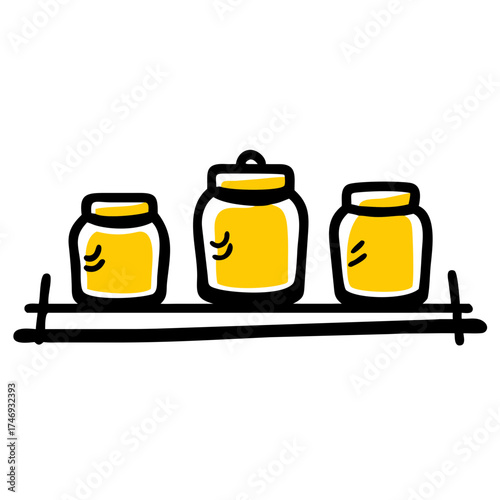Three yellow jars on a shelf with a simple design  