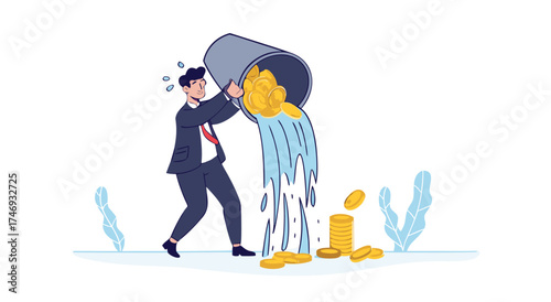 A businessman is spilling money from a bucket.

