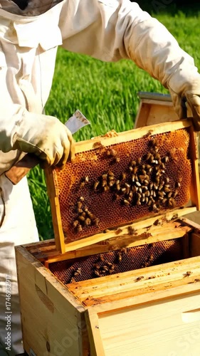 Beekeeper in protective suit tending a wooden beehive in a green field during daytime.