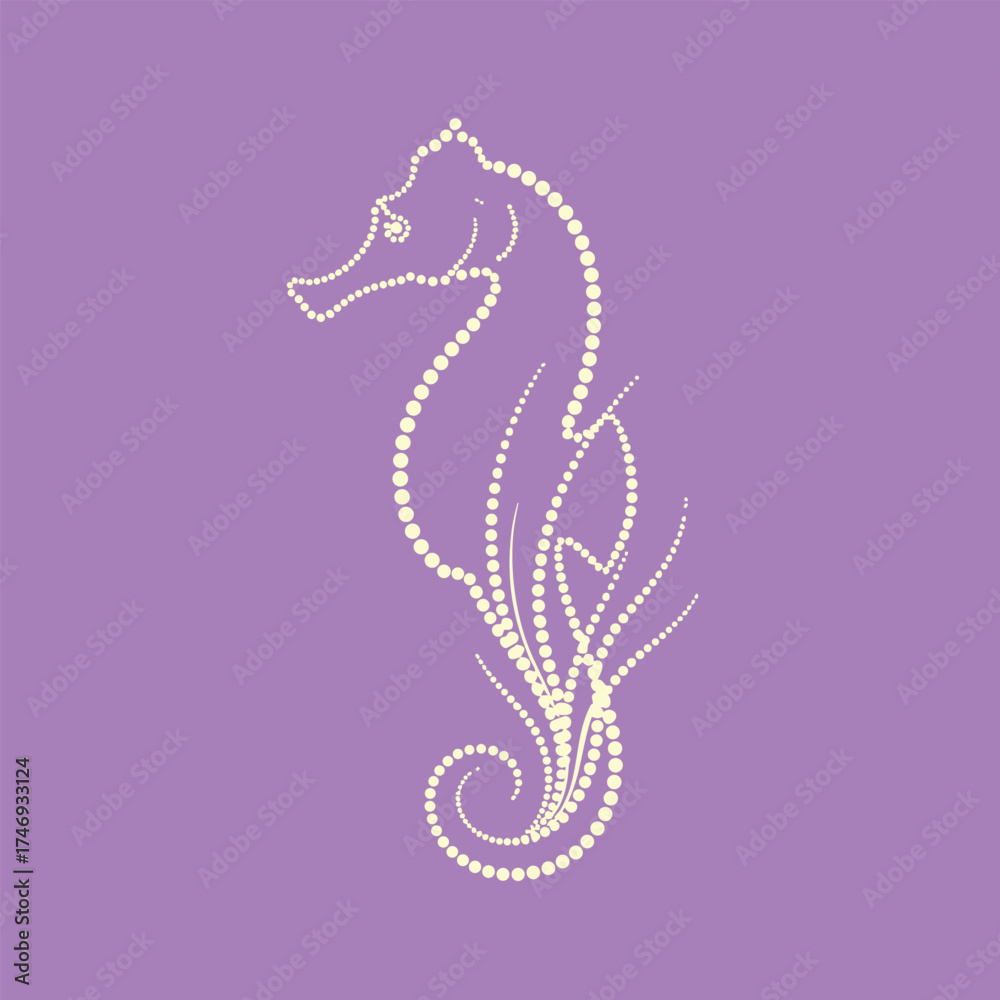 Fototapeta premium Elegant seahorse composed of small white dots on a soft purple , showcasing artistic minimalism and marine life representation