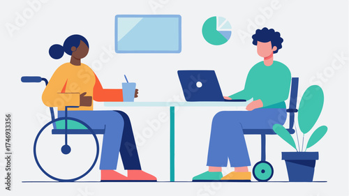 Two colleagues sharing ideas in a coworking space one in a wheelchair and the other with hearing aids using digital devices to communicate.