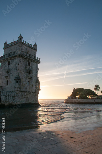Sunset with Belém Tower in Lisbon, Portugal
