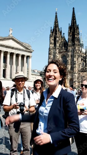 A tour guide speaks to tourists near a historic Gothic cathedral and classical building on a sunny day.