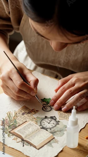 Person working on a vintage-style collage with old book pages, clocks, and a frog illustration on textured paper.
