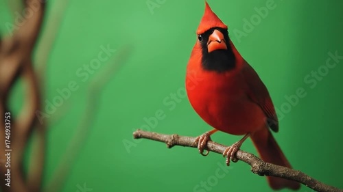 Red cardinal perched on branch against green backdrop