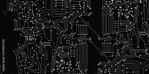 Technology white circuit diagram on black background. High-tech circuit board connection system. Vector abstract technology on black background.