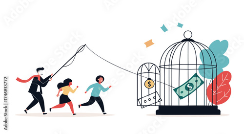 People chasing money inside a birdcage.

