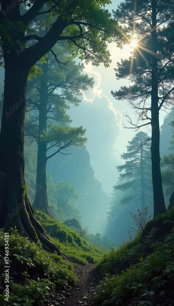 Fototapeta premium A breathtaking panoramic view of a misty sky forest, ancient trees reaching towards a cloudy sky, sunlight filtering through the canopy, creating a mystical atmosphere , view, mist, atmosphere