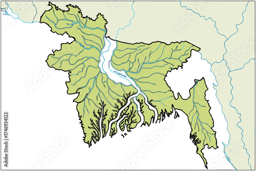 Detailed outline map of bangladesh showing rivers and geographical borders with surrounding regions clearly silhouette