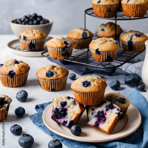 Vertical shot of delicious vegan blueberry muffins table