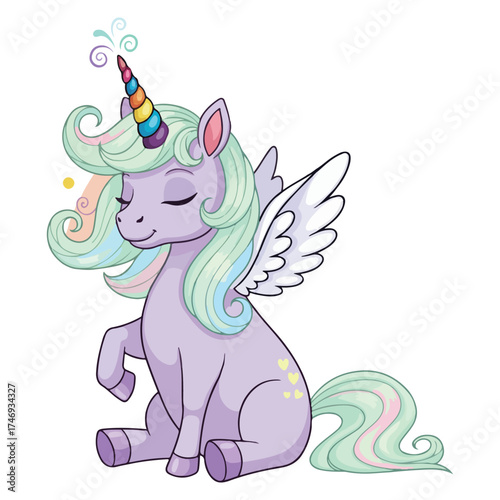 Cute Sitting Magical Unicorn Vector 