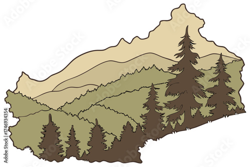 Illustration of a landscape with layered mountains and evergreen trees in muted earth tone colors scheme silhouette