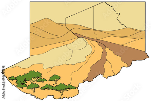 Illustration showing a desert landscape with sand dunes trees and varying shades of brown and yellow hues silhouette