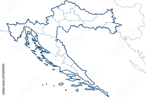 Outlined map of croatia with visible internal divisions and coastal islands in a blue color scheme view silhouette