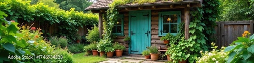 A charming rustic shed overflowing with lush potted plants and climbing vines, creating a vibrant, green oasis Ideal for gardening, home improvement, and lifestyle blogs , organic, tranquil