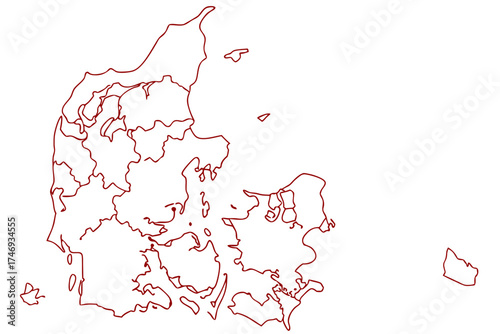 Detailed outline map of denmark with regional borders depicted in a reddish brown color on white background silhouette