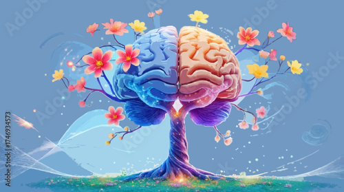 Human brain tree with flowers, self care and mental health concept, positive thinking, creative mind, Human brain tree with flowers, self care and mental health concept, positive generative AI vector

