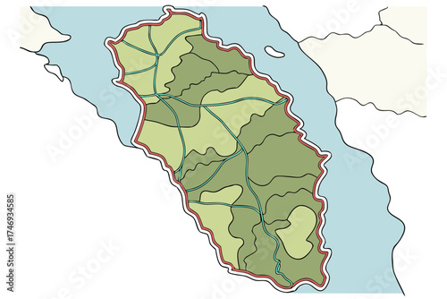 Illustration of an island with green terrain and roads surrounded by water and a red border outline silhouette