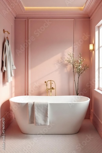 A chic and modern bathroom, featuring millennial pink walls, gold fixtures, and a freestanding bathtub Perfect for home decor, interior design, and bathroom inspiration blogs , towels, style