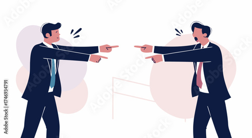 Two businessmen pointing fingers at each other in disagreement.

