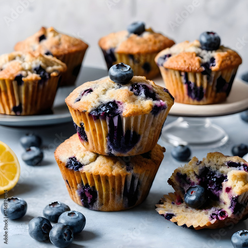Vertical shot of delicious vegan blueberry muffins table