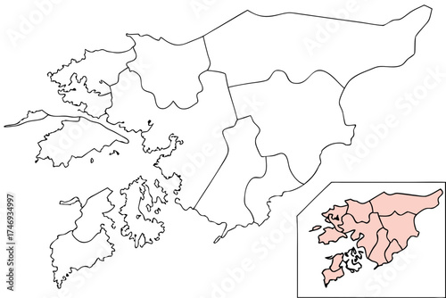 Detailed outline map featuring irregular coastlines and distinct territorial divisions with an inset map view silhouette