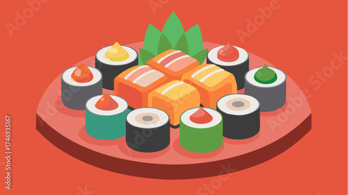 An intricate sushi platter displaying a variety of rolls and sashimi artistically arranged with dipping sauces and garnishes.