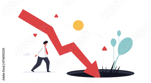 Businessman pushes a falling red arrow into a dark hole.

