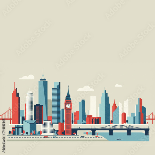 Vibrant cityscape illustration showcasing iconic architecture and urban life with bridges and cars, perfect for travel and business themes.