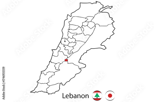 Detailed outline map of lebanon with administrative divisions and a highlighted region in the south central area silhouette