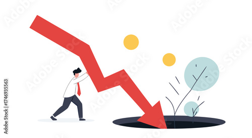 Businessman pushes a falling red arrow into a dark hole.

