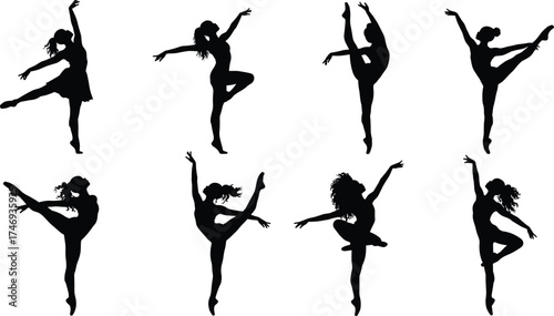 Ballet dancer silhouettes, arabesque, leg extension, graceful posture, dance poses, flexibility, elegance, performance, lifestyle, art, body design