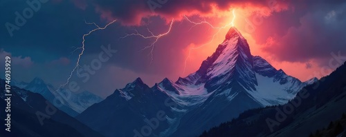 A dramatic lightning storm illuminates a majestic mountain peak, symbolizing the raw power and transformative energy of spiritual awakening , awe, mountain, majestic