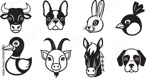 Charming hand-drawn stylized animal head collection for agricultural and pet projects vector