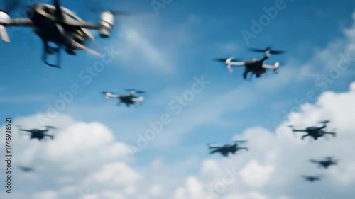The image shows a lot of drones flying in the sky with white clouds.