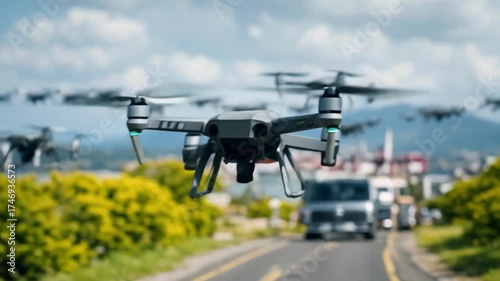 a group of drones flying over the road. The road runs between trees with yellow leaves. There are several vehicles moving along the road, including a van, which is located directly under the main dron