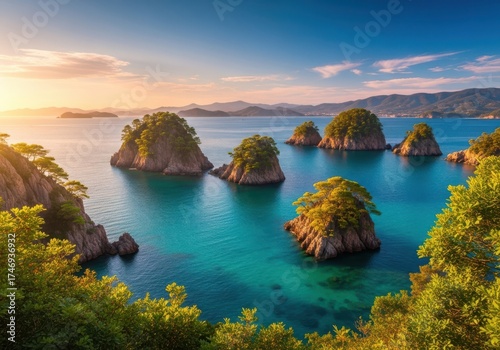 Beautiful island landscape with turquoise water at sunset