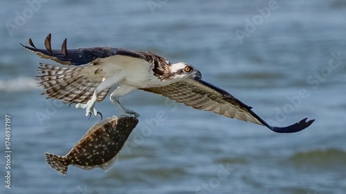 Osprey in flight and catching fish for dinner