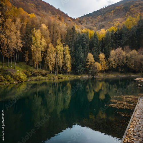 Vertical shot of Lake with long by trees