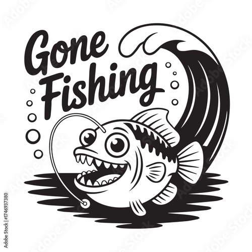 "Gone Fishing" Text with Funny Cartoon Fish Vector Design